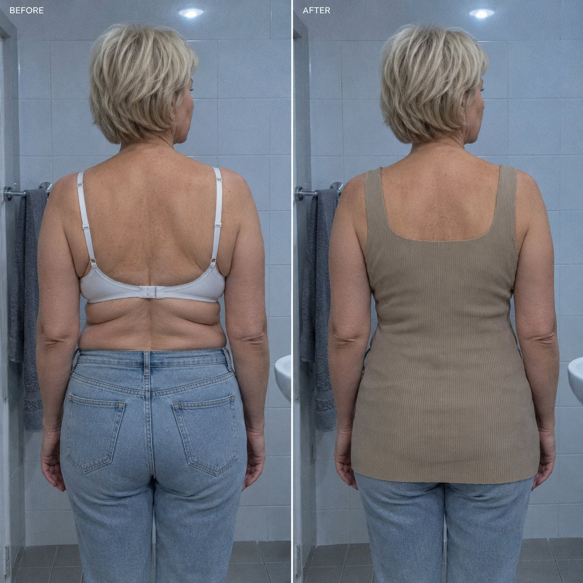 Before and after from the back: bra band vs smooth back in the tank