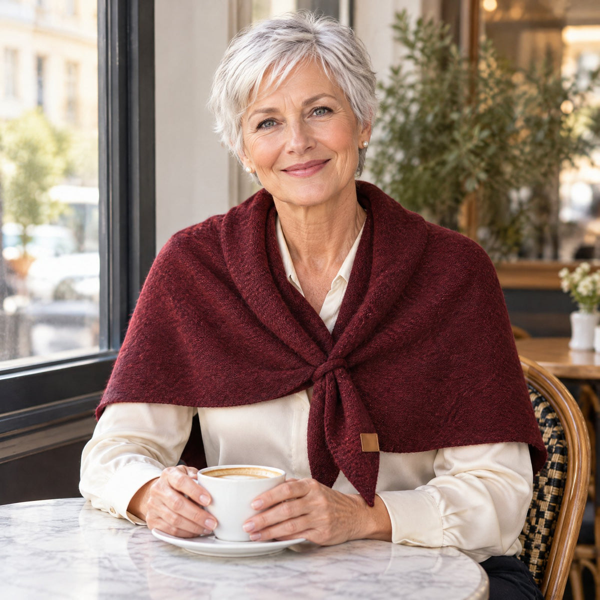 Woman at a cafe table wearing The Loop Shawl in wine red