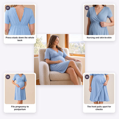 Press-studs down the whole back, nursing wrap, bump fit, front pulls apart