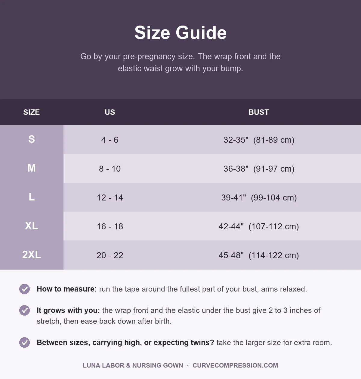 Luna gown size guide, S to 2XL by bust measurement