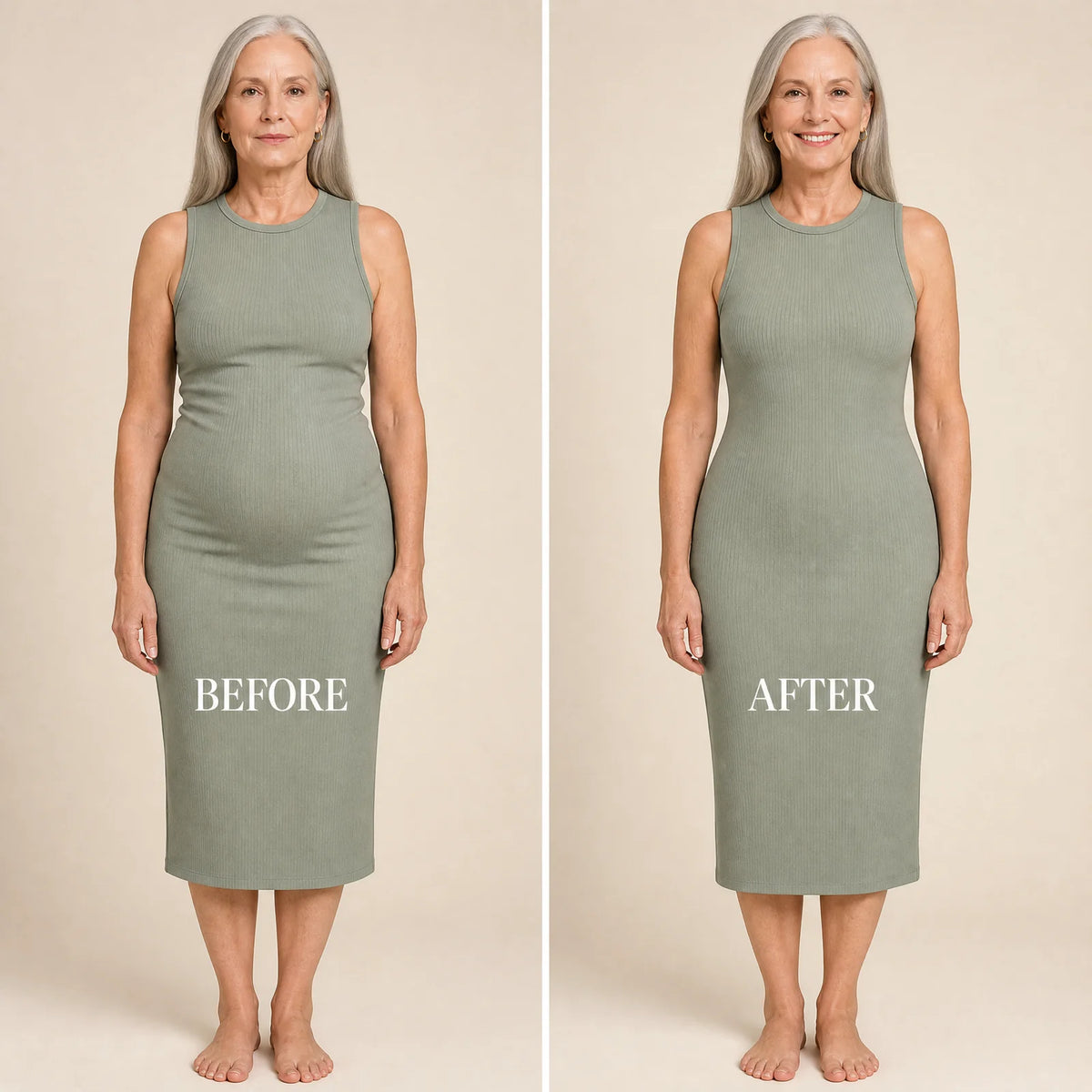 Before and after under a fitted dress