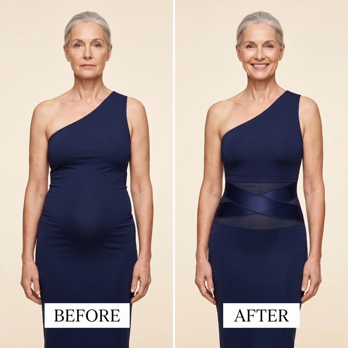 Before and after under an evening dress