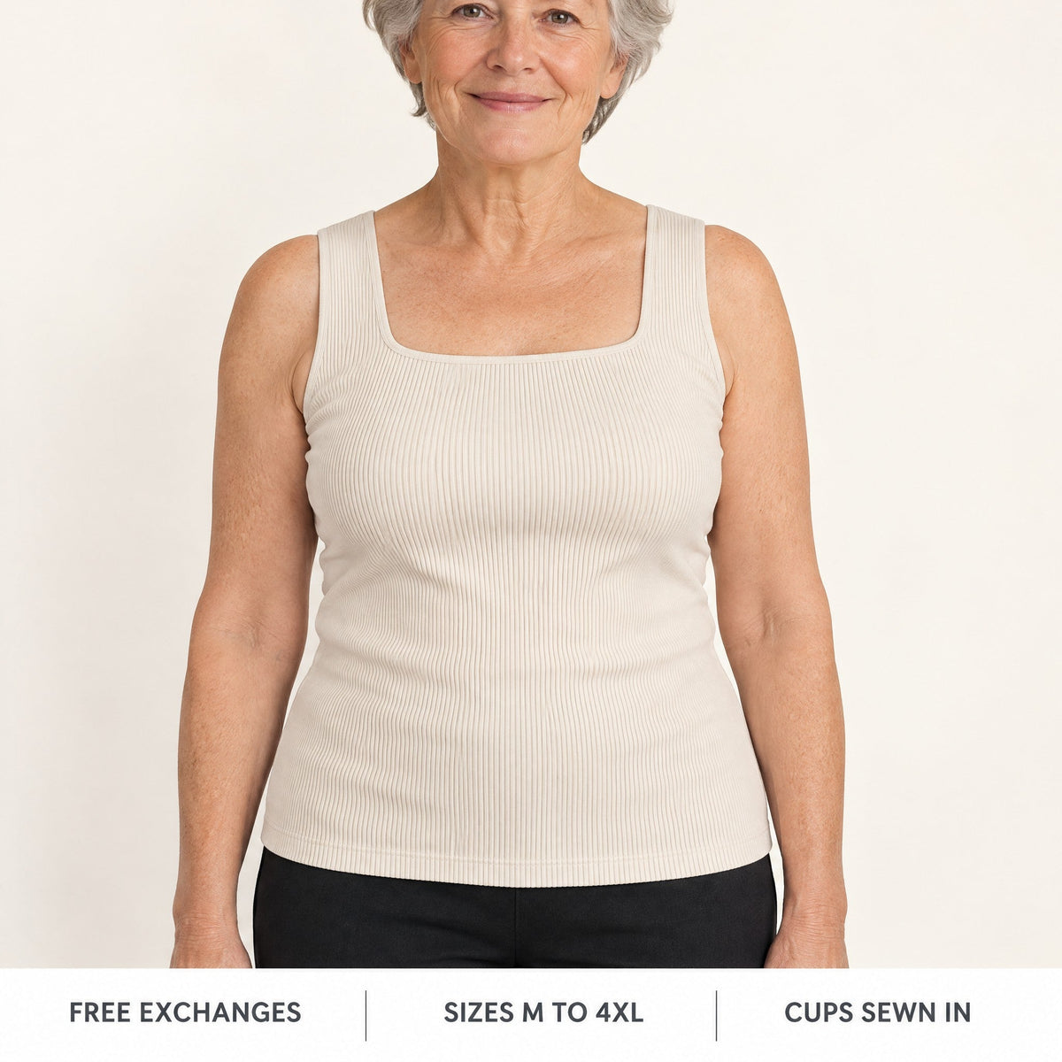 Front-Support Bra Tank in Beige, worn - free exchanges, sizes M to 4XL, cups sewn in