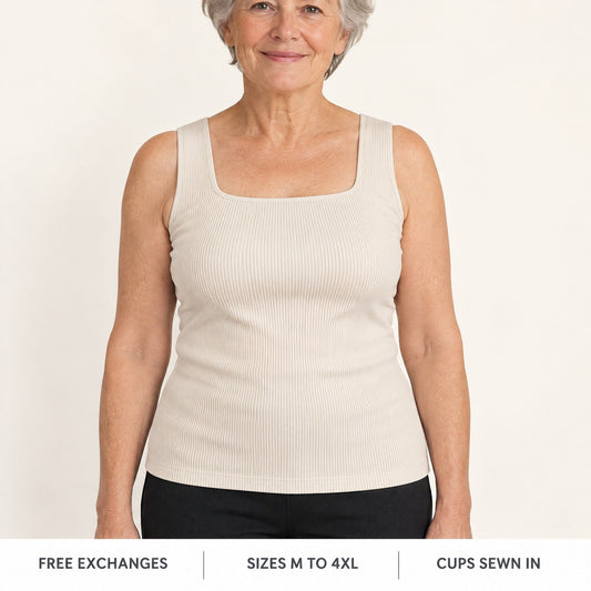 Front-Support Bra Tank in Beige, worn - free exchanges, sizes M to 4XL, cups sewn in
