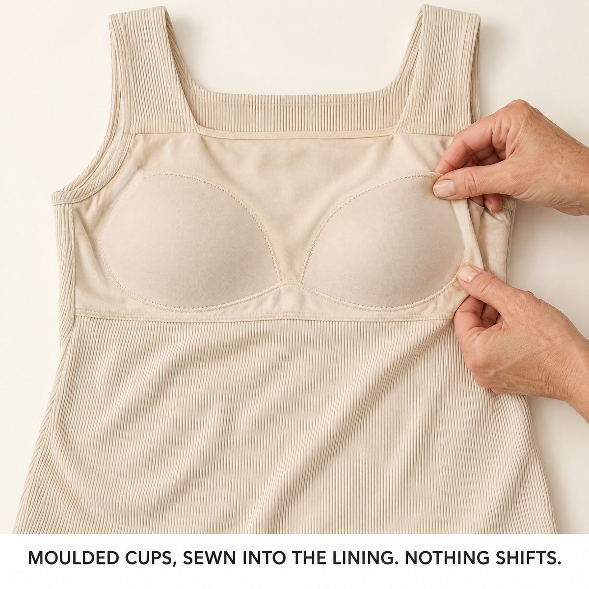 Moulded cups sewn into the lining - nothing shifts in the wash