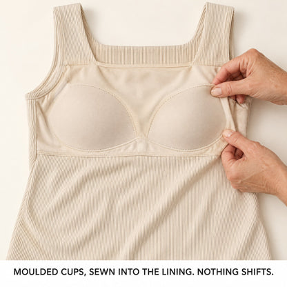 Moulded cups sewn into the lining - nothing shifts in the wash