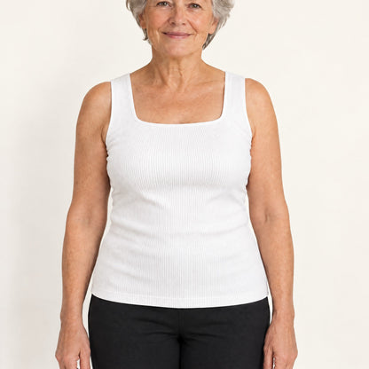 Front-Support Bra Tank in White, worn