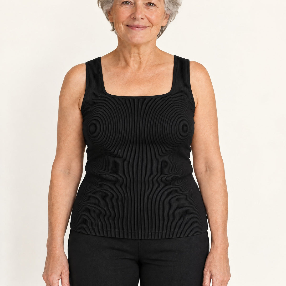Front-Support Bra Tank in Black, worn