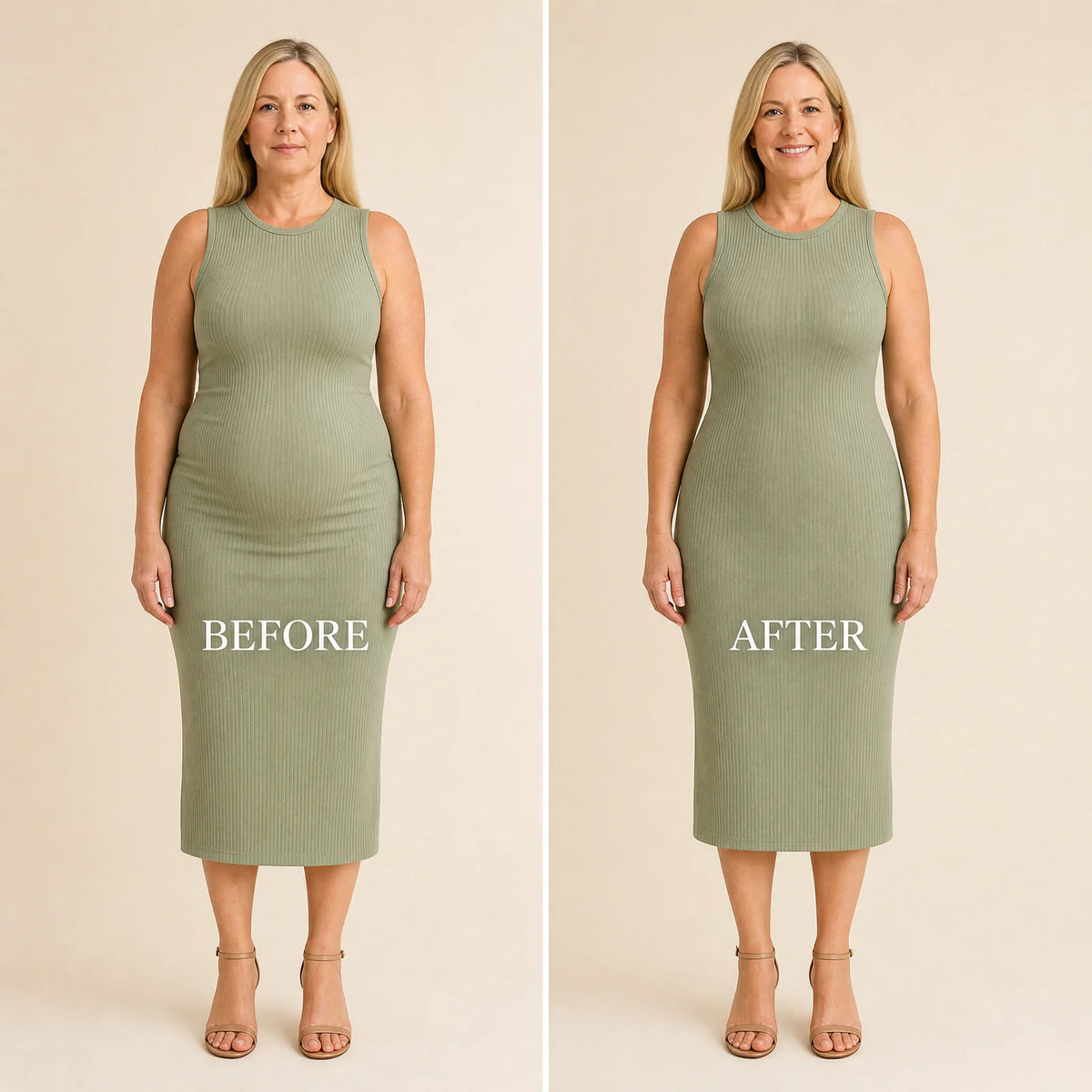 Before and after under a fitted dress