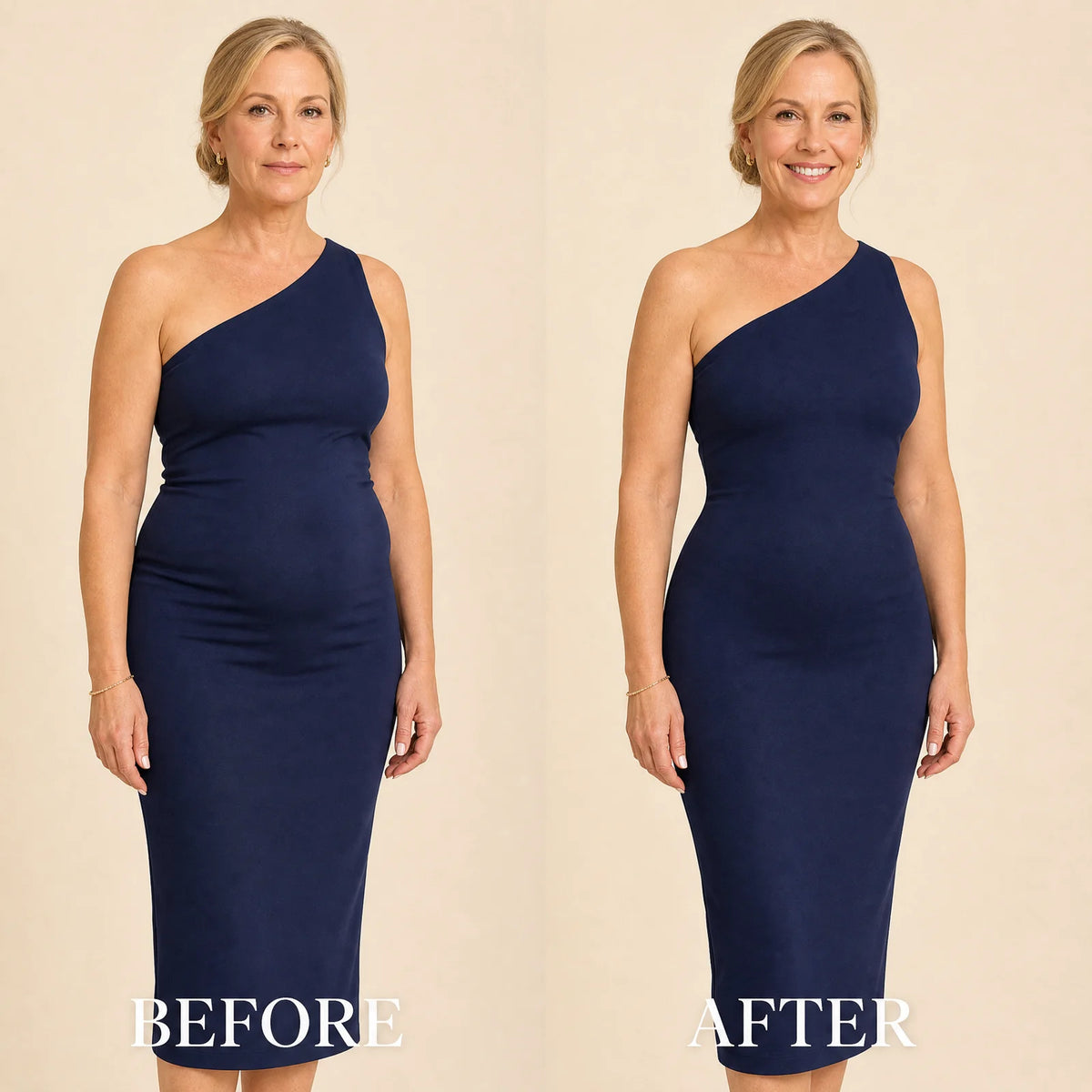Before and after under an evening dress