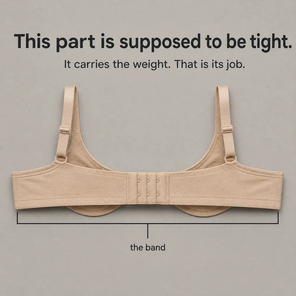 A bra laid flat, the elastic band around the ribcage in focus
