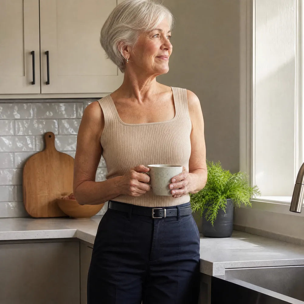 A woman wearing the front-support tank at home
